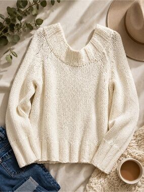 Free People Women’s Ivory Cotton Knit Sweater L 🤍